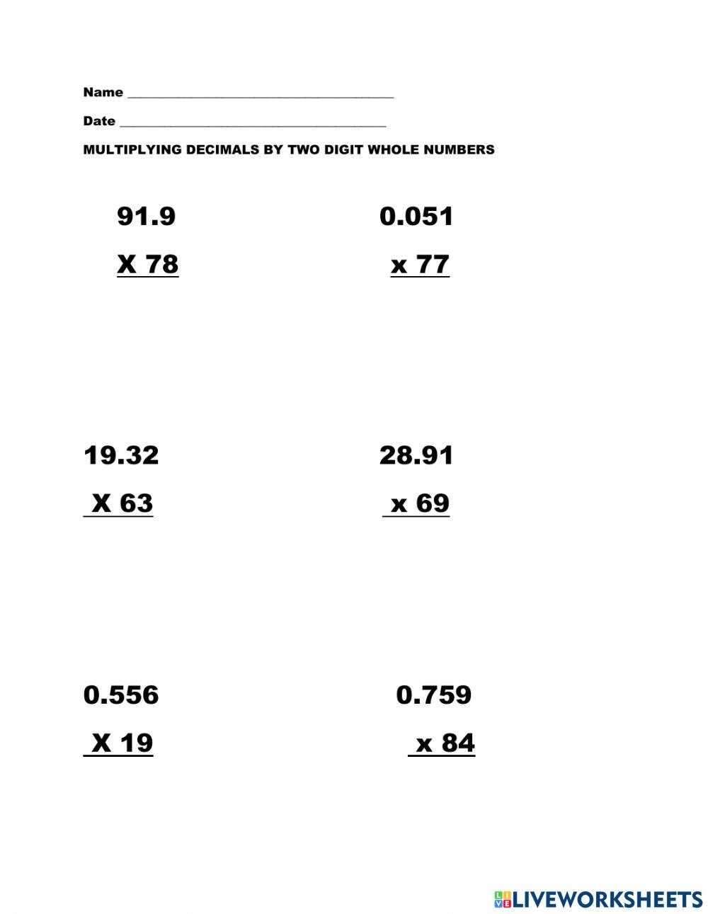 multiplying decimals by whole numbers worksheets