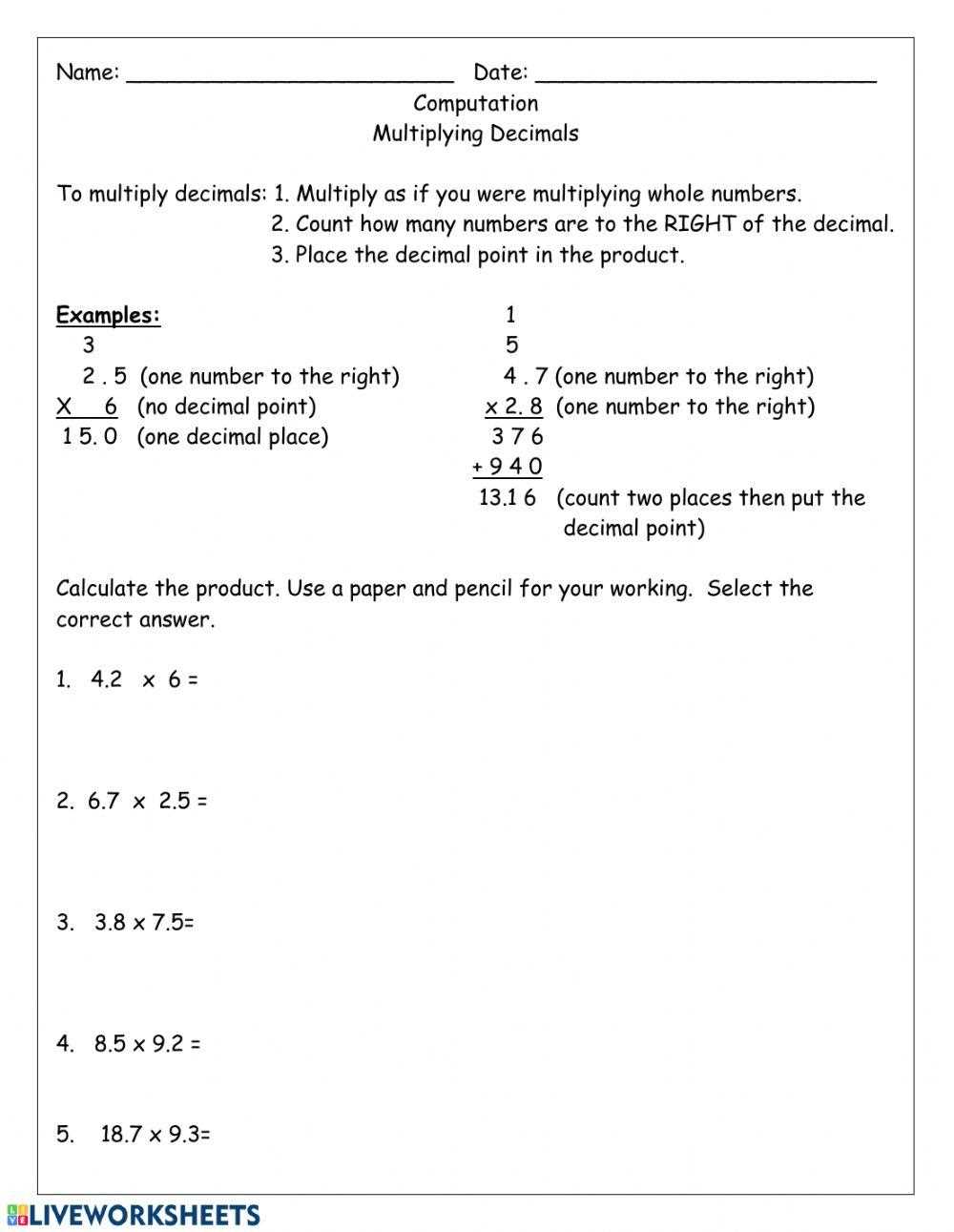 multiplying decimals worksheet