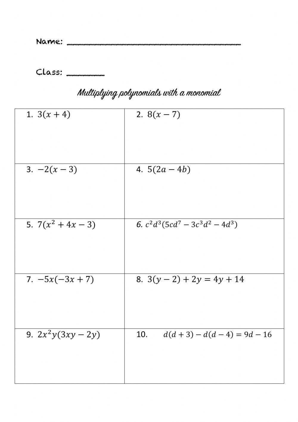 multiplying polynomials by polynomials worksheet