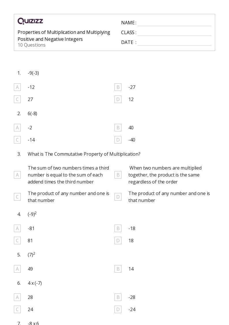 multiplying positive and negative numbers worksheet
