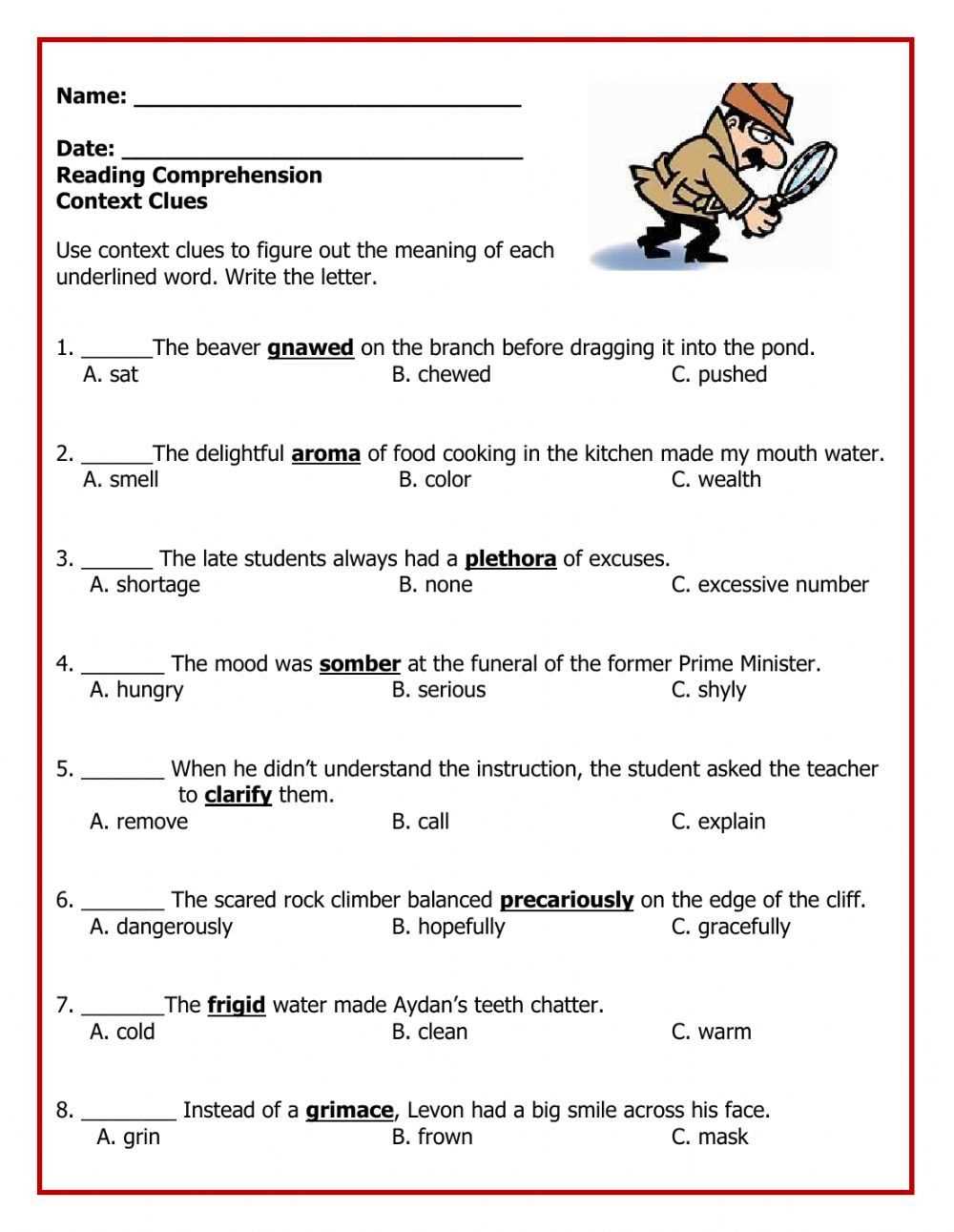 context clues worksheets grade 8