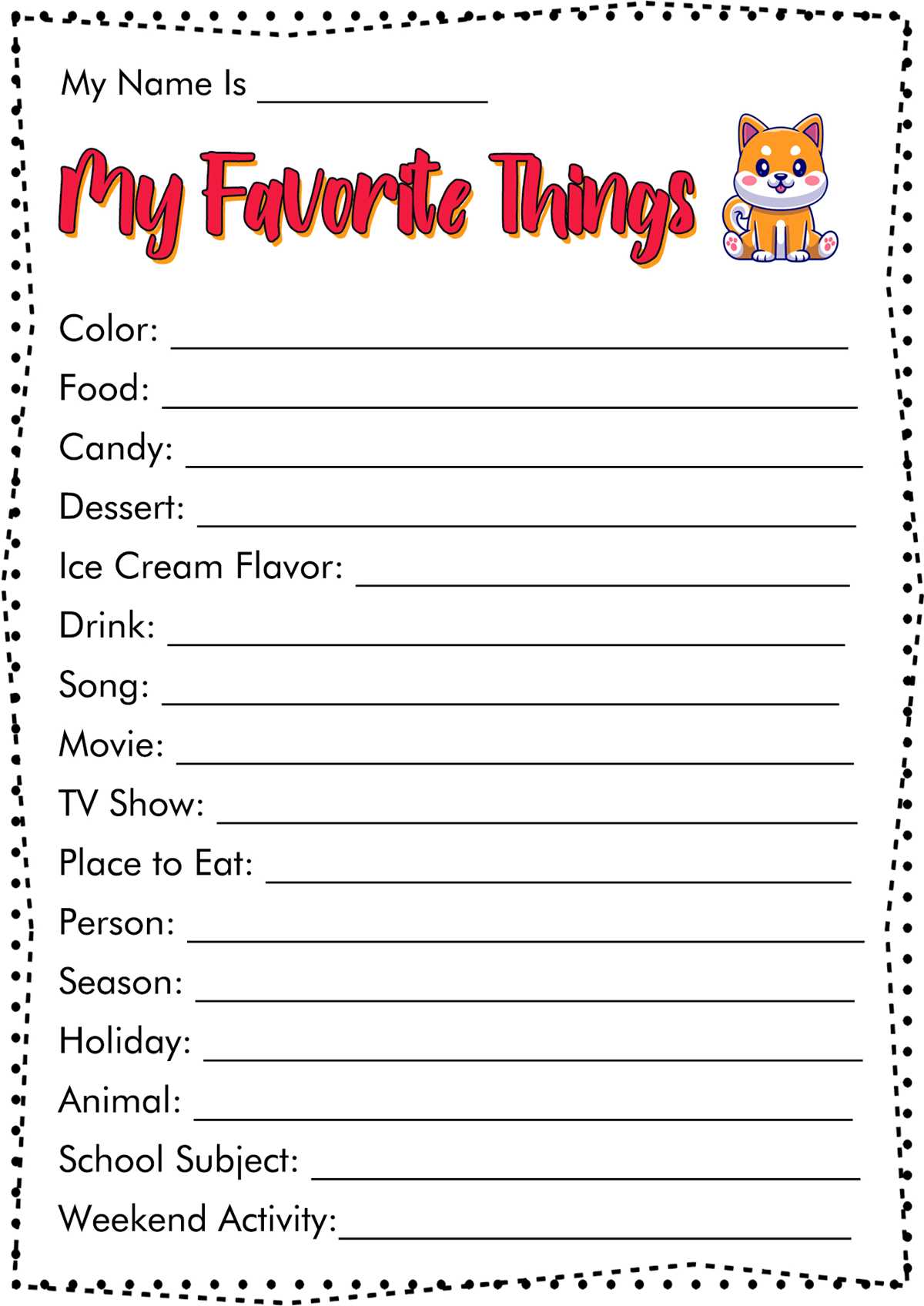 my favorite things worksheet for adults