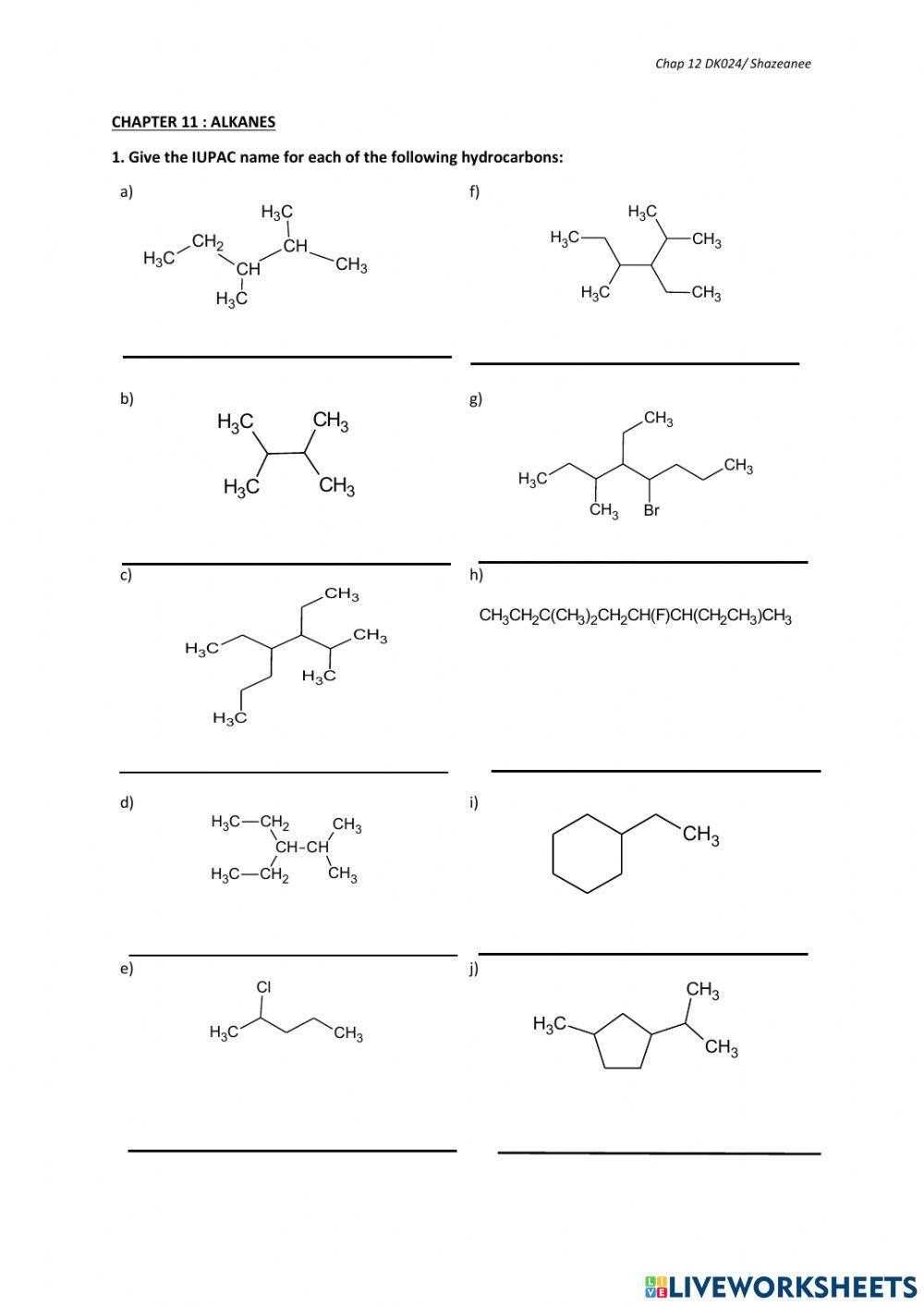 naming alkanes worksheet 1