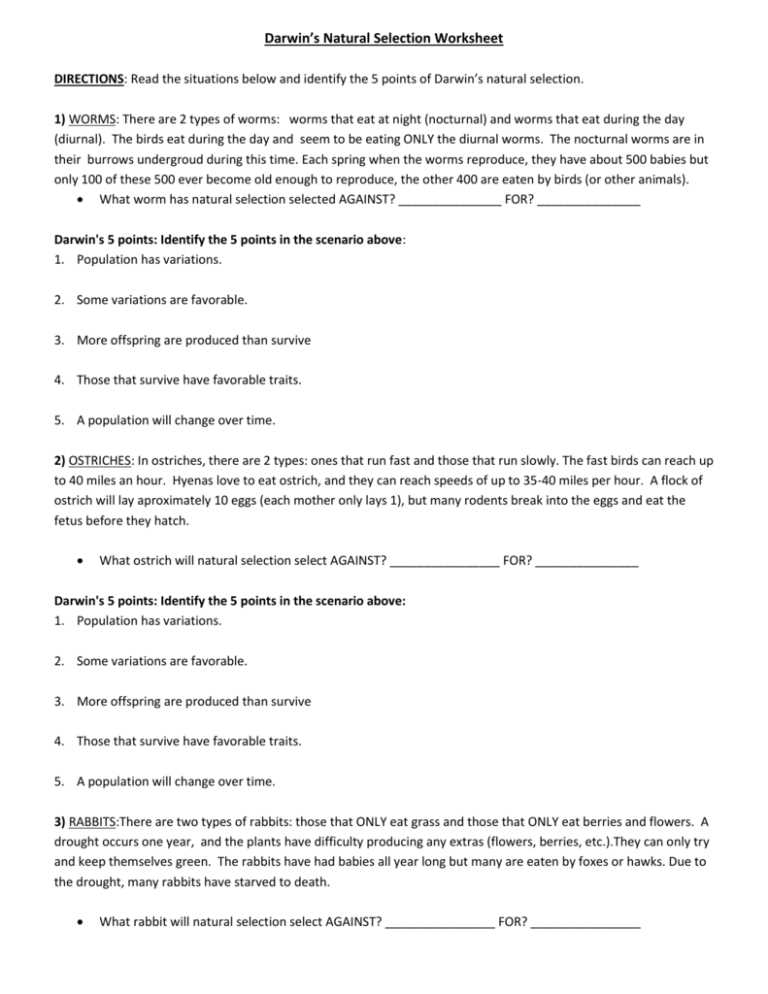 darwins natural selection worksheet worms