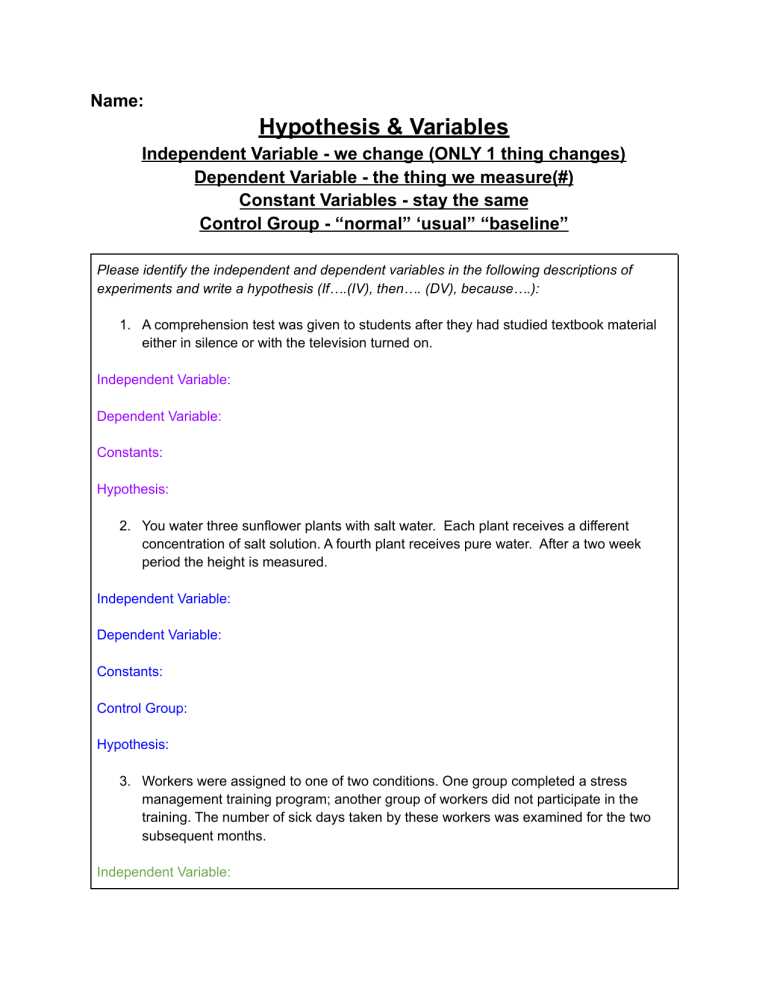 hypothesis and variables worksheet