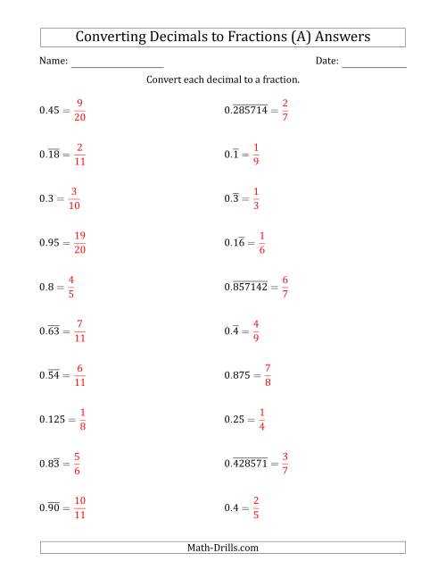 decimals to fractions worksheets