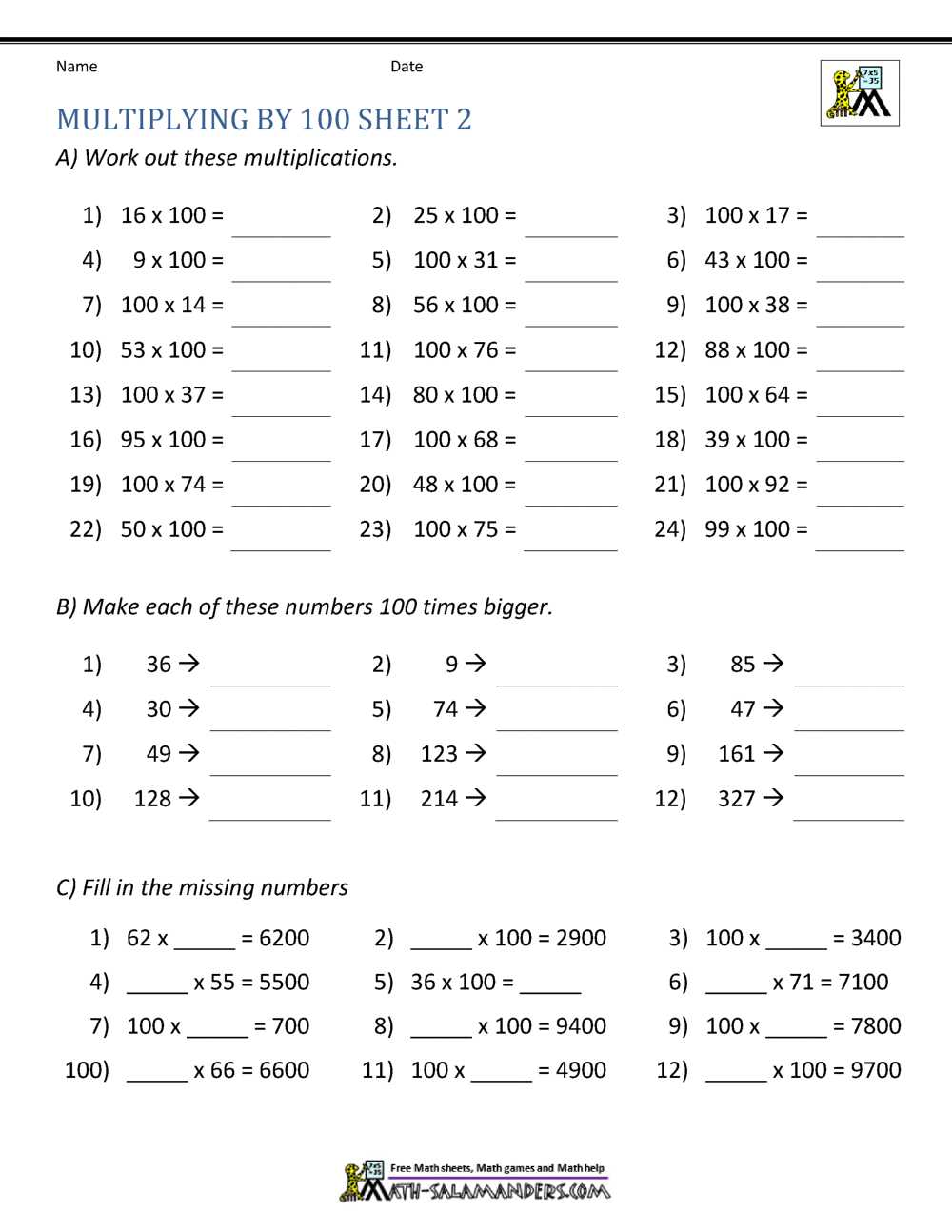 multiplying by 10 worksheet