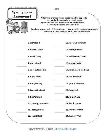 free synonym worksheets