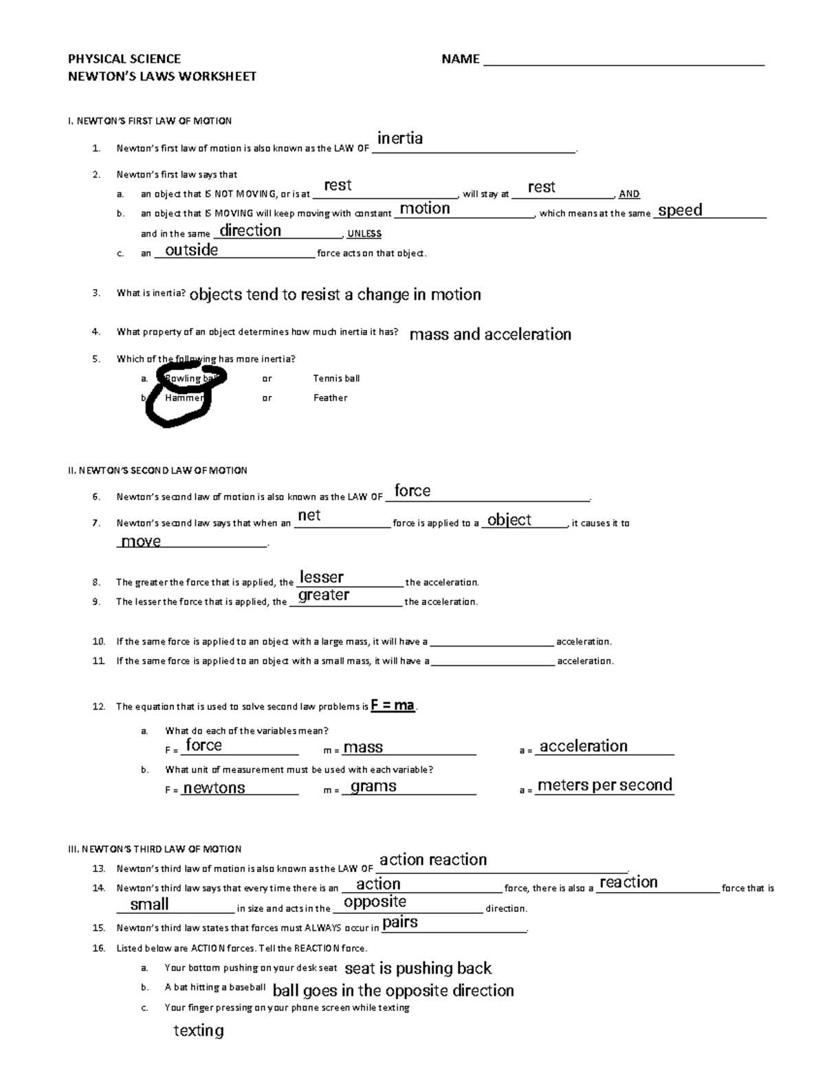 newtons laws worksheet