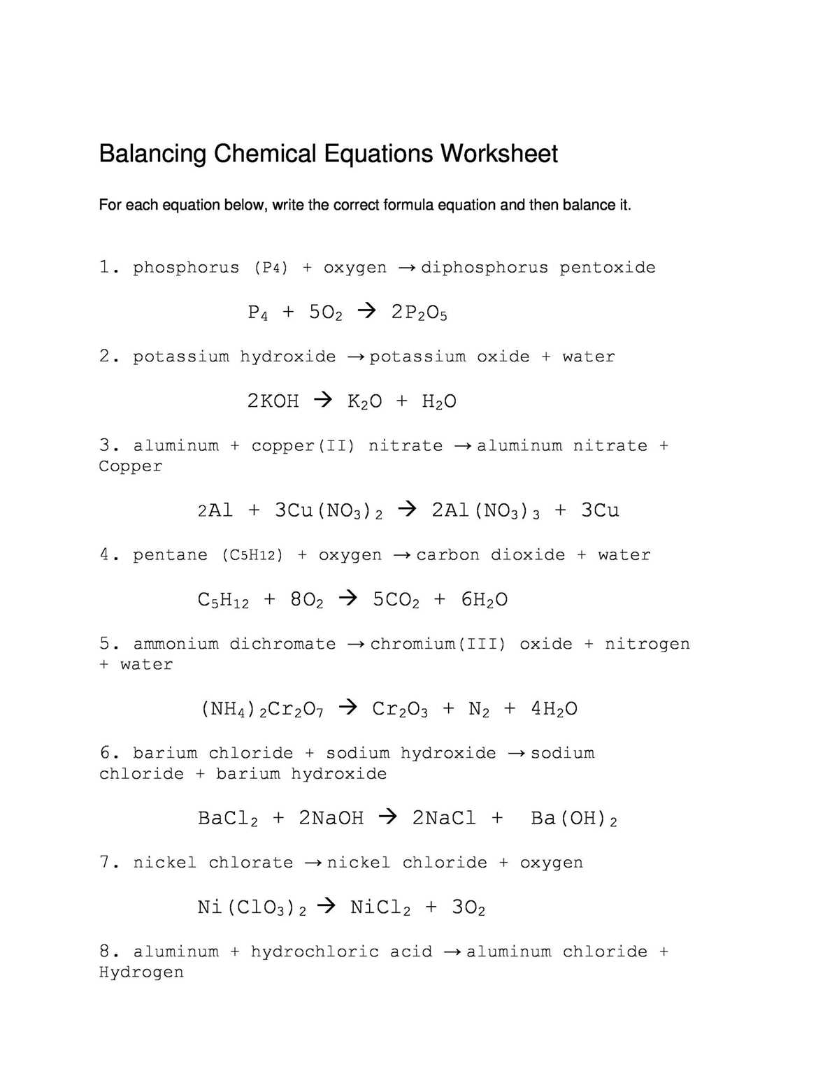 balancing equations about chemistry worksheet