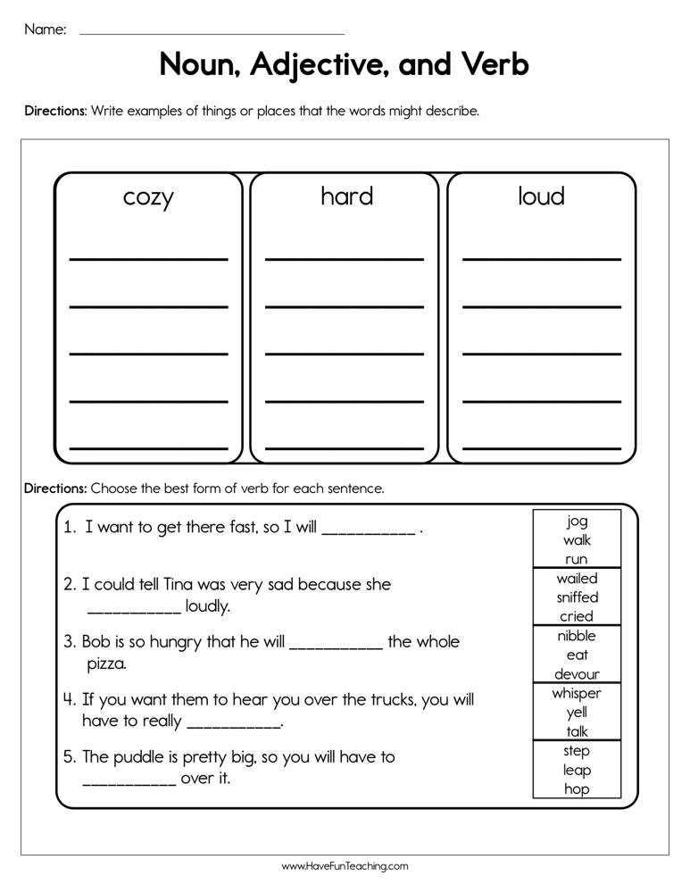 verbs nouns adjectives worksheet