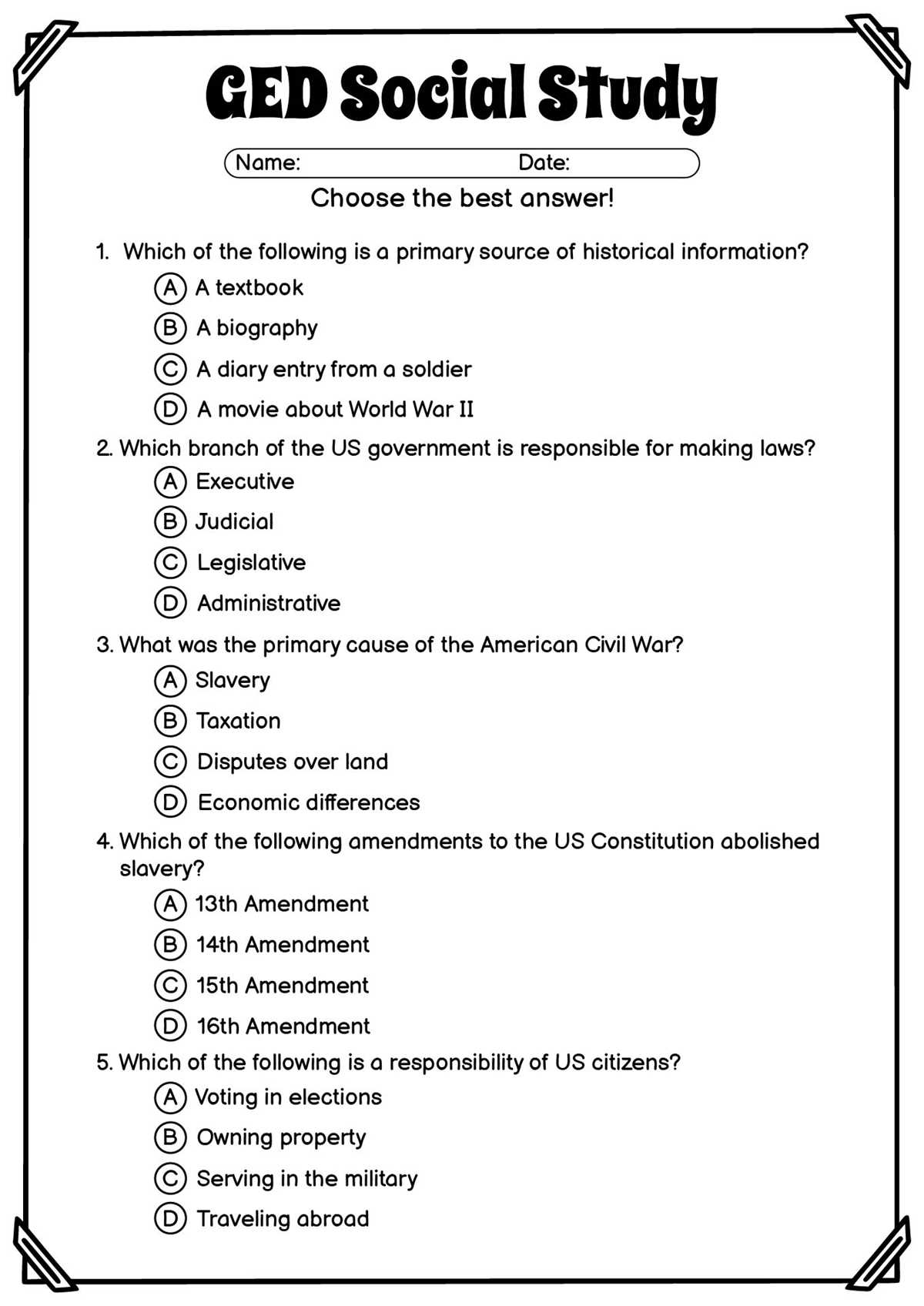 free printable ged worksheets