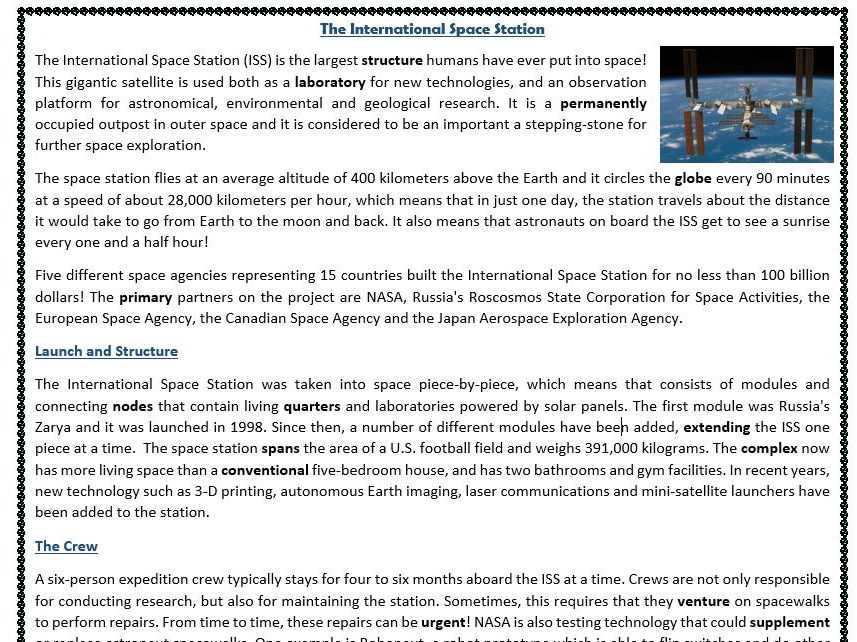 esl space worksheets