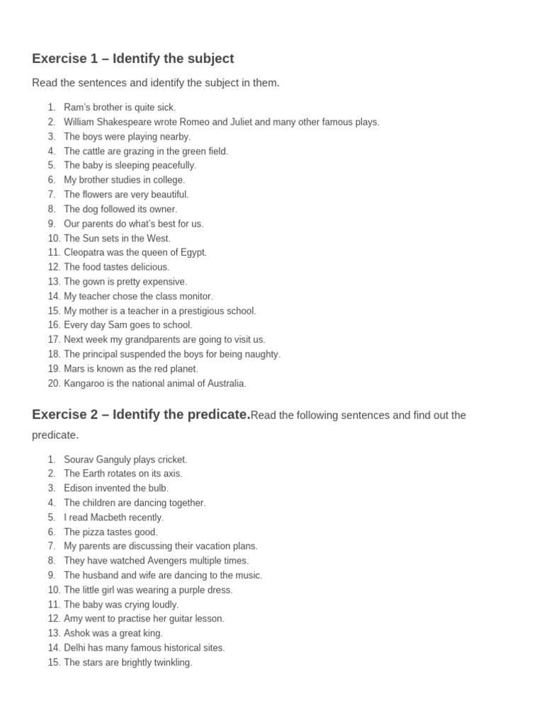 identify subject and predicate worksheet