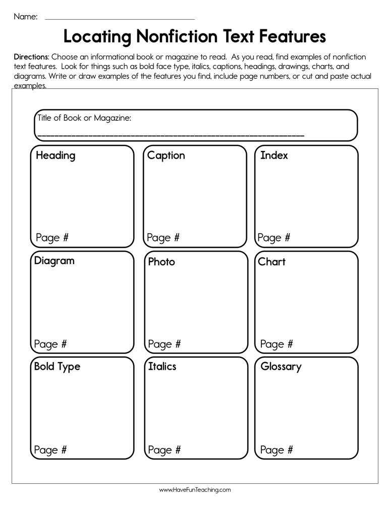 non fiction text features worksheet