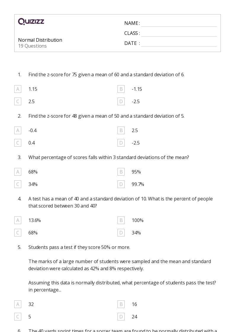 normal distribution worksheet