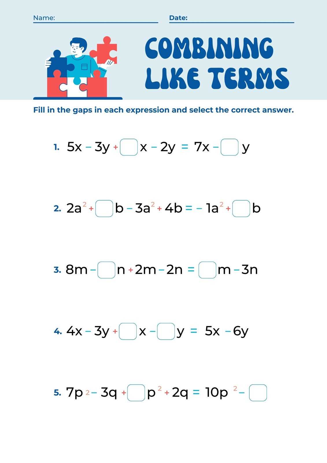 worksheets for combining like terms