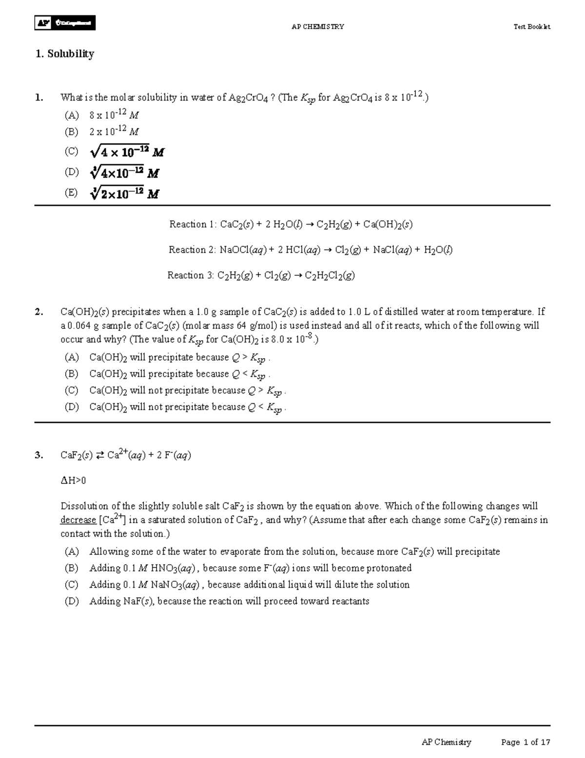 ap chemistry worksheet on rate law expressions