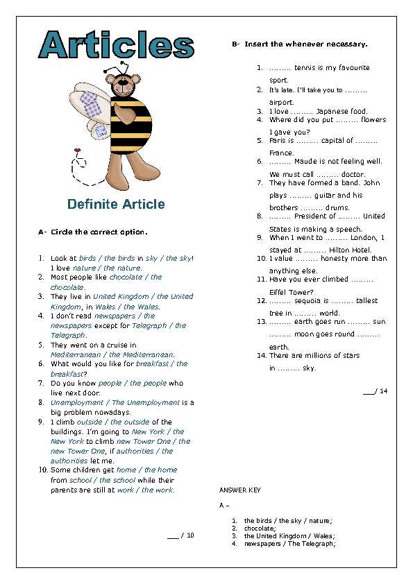 definite and indefinite articles esl worksheet