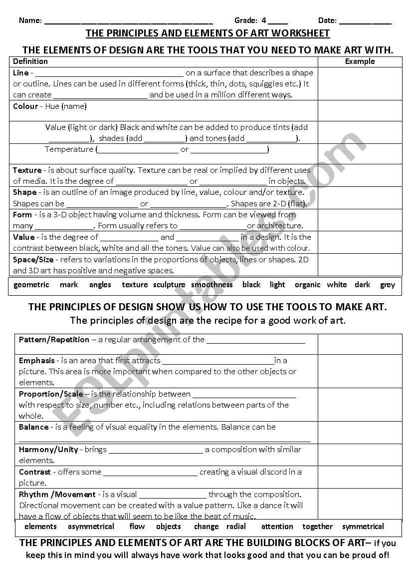 elements and principles of design worksheet