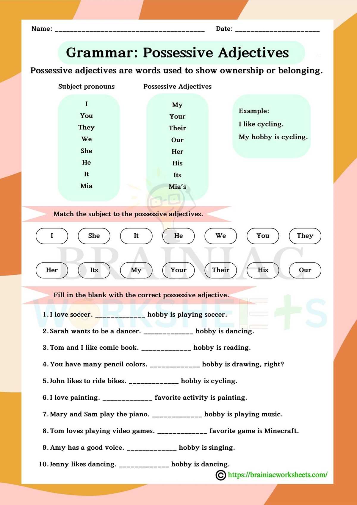 possessive adj worksheet