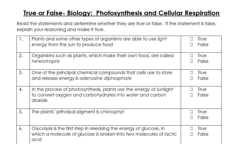worksheet photosynthesis and cellular respiration