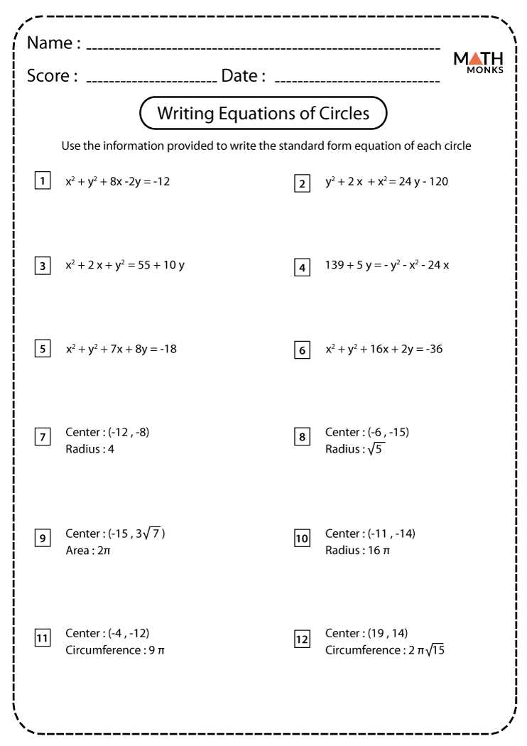 writing circle equations worksheet