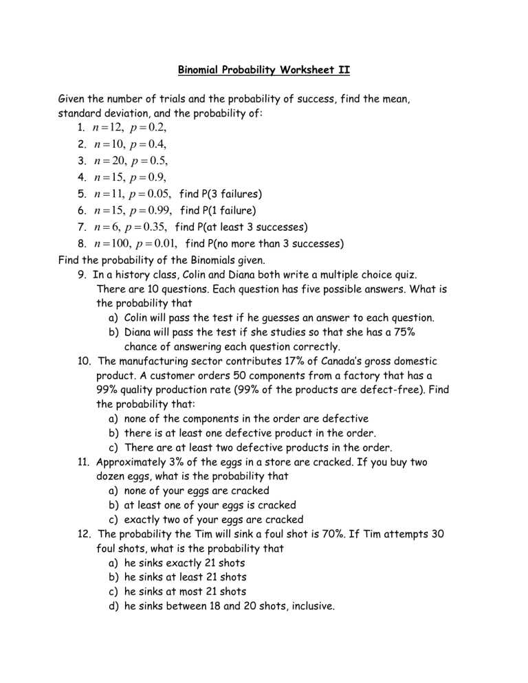 binomial probability worksheet