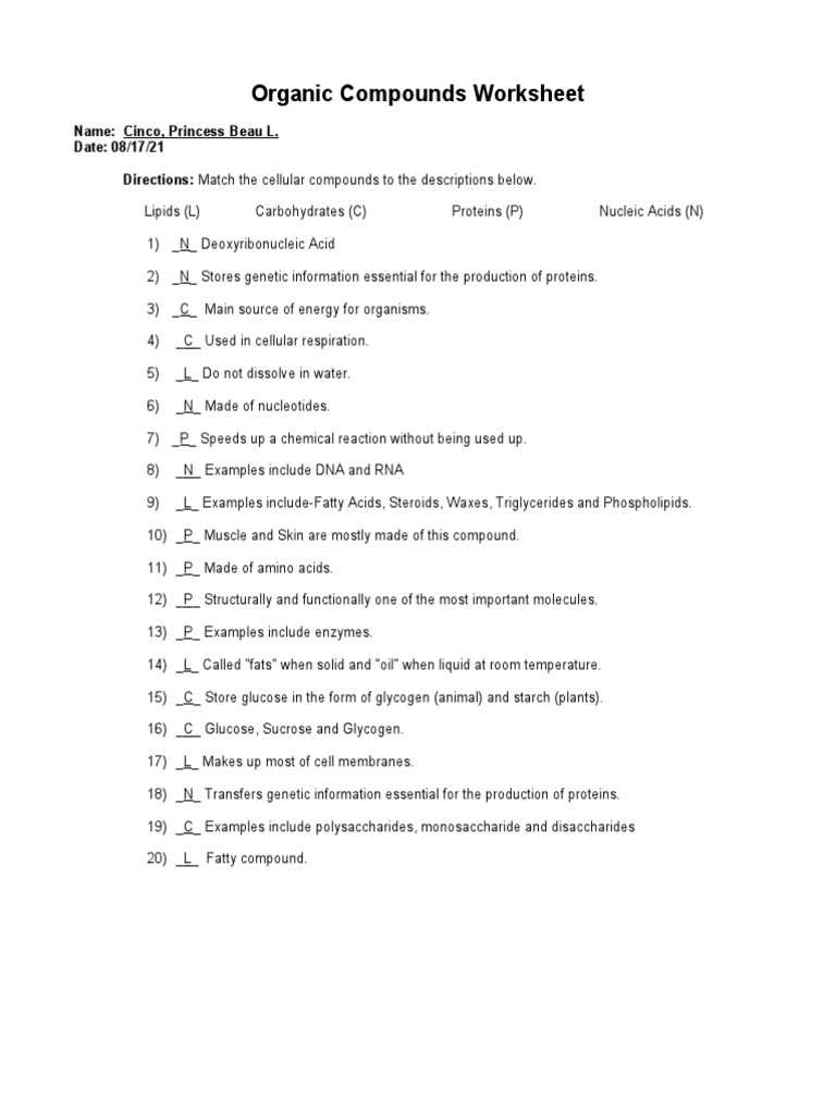 biological compounds worksheet