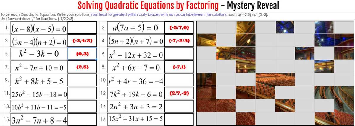 quadratic equations factoring worksheet