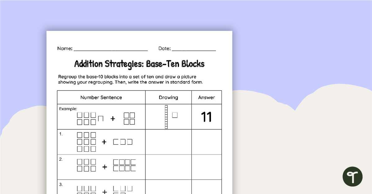 base 10 blocks addition worksheets