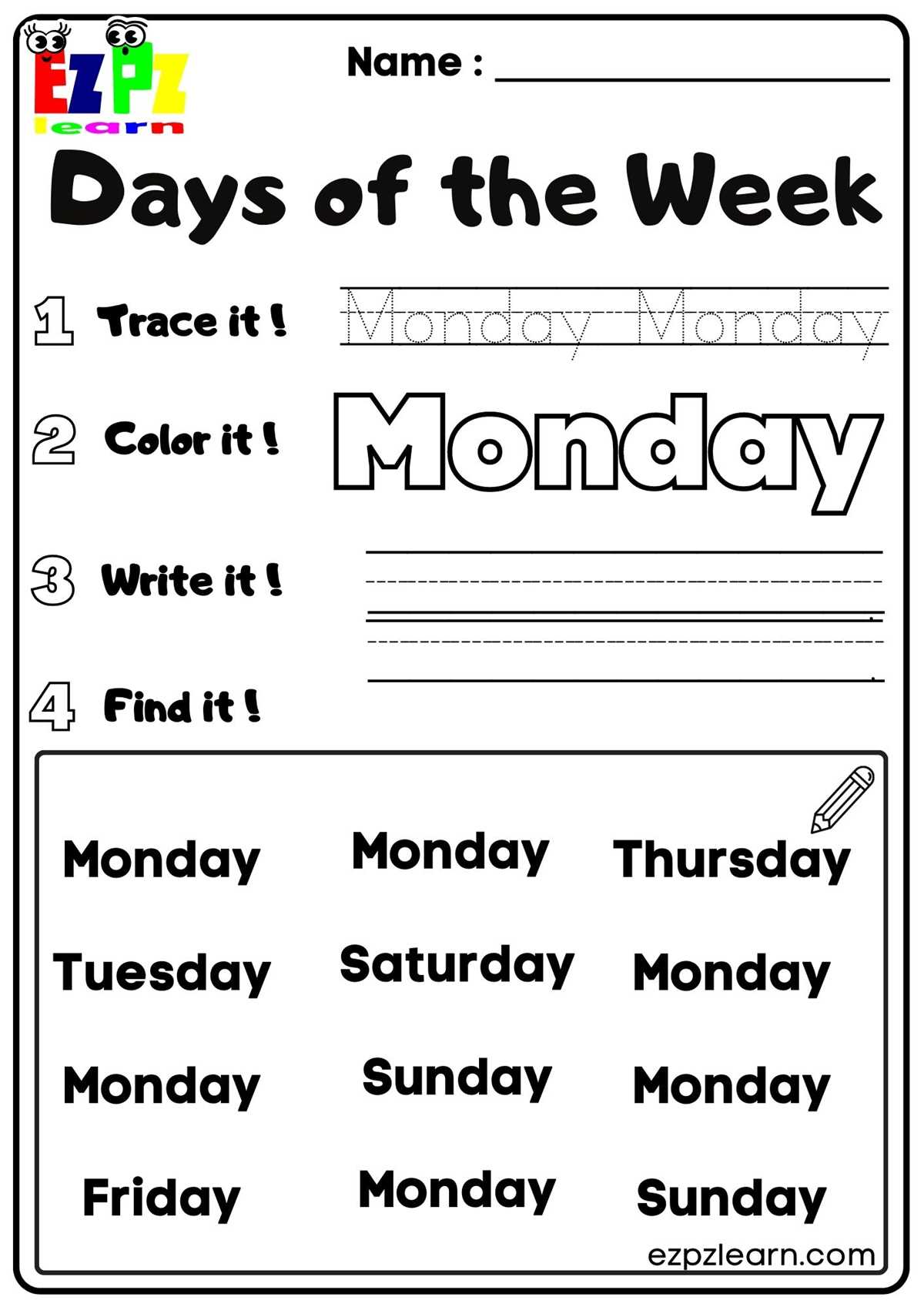 days of the week for kindergarten worksheets