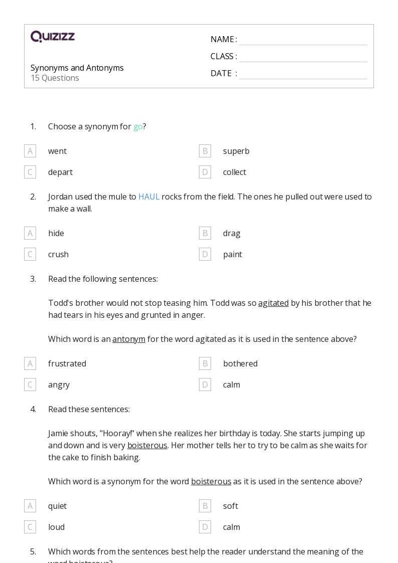 antonyms worksheet for grade 5