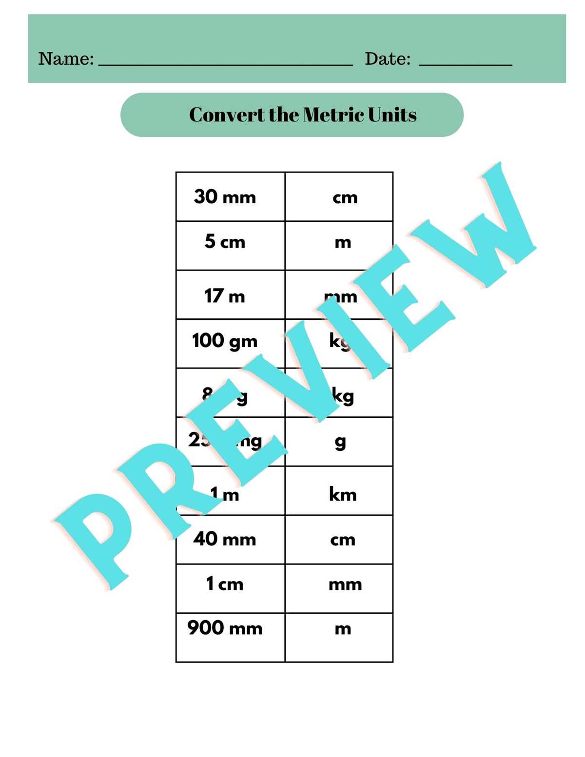 metric system worksheet