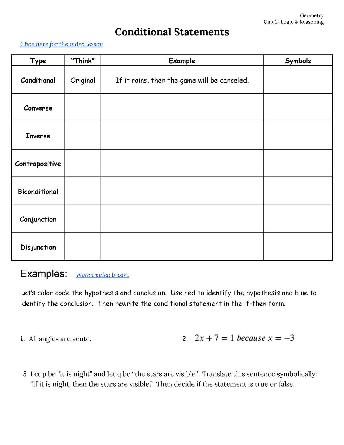conditional statements in geometry worksheet