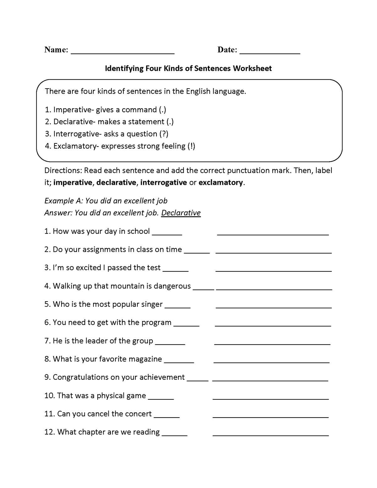 4 kinds of sentences worksheets