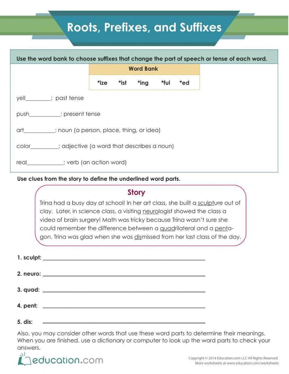 roots prefixes and suffixes worksheets
