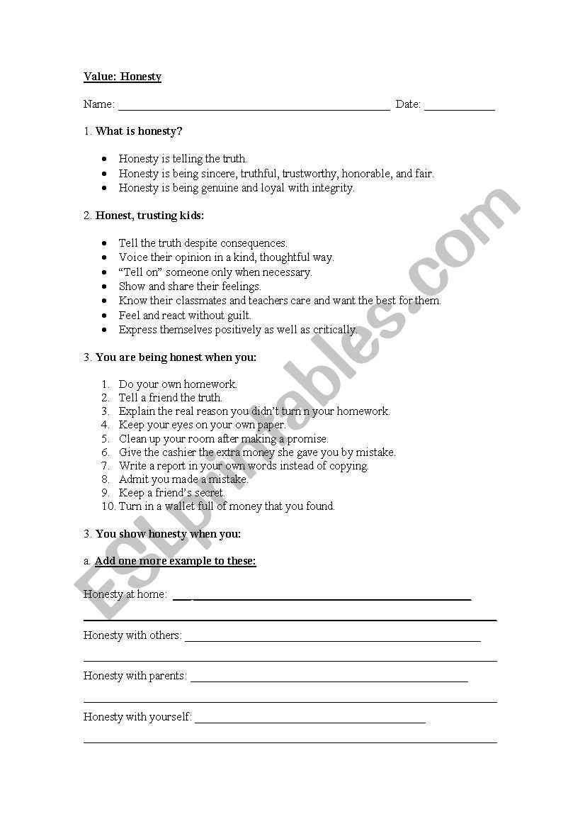 worksheets on integrity