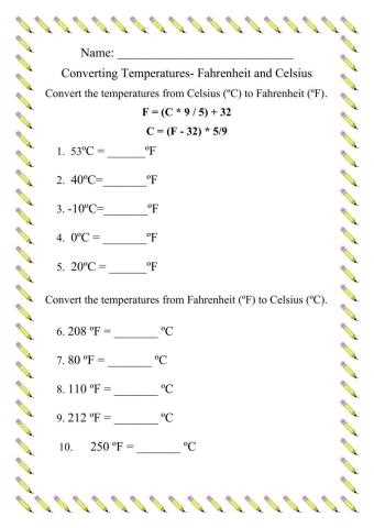temp conversion worksheet