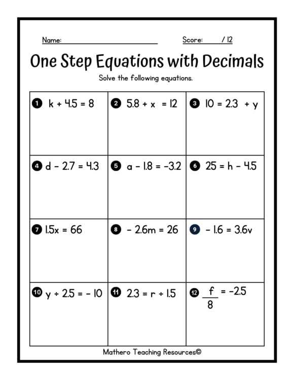 one step algebraic equations worksheet