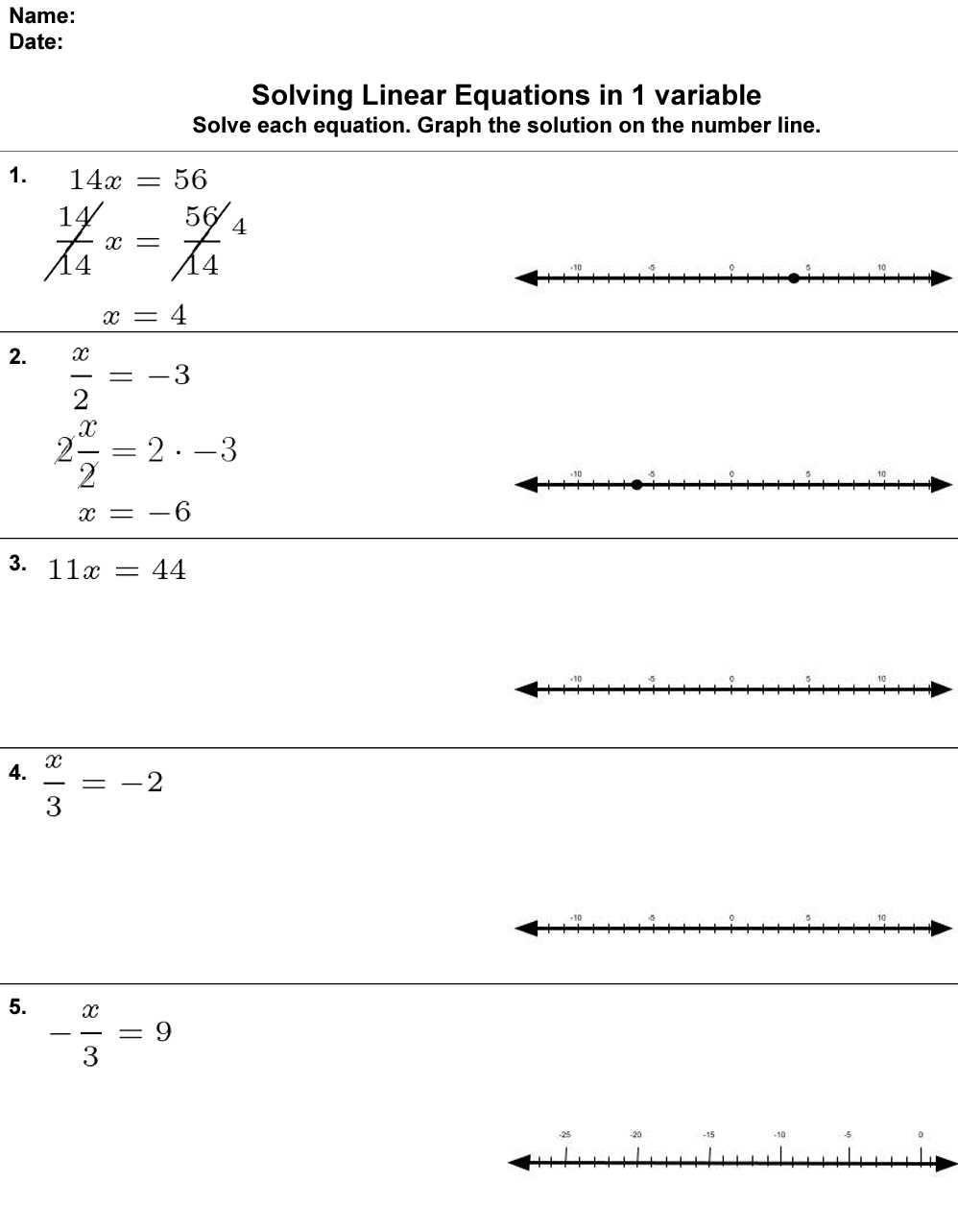 one variable linear equations worksheet
