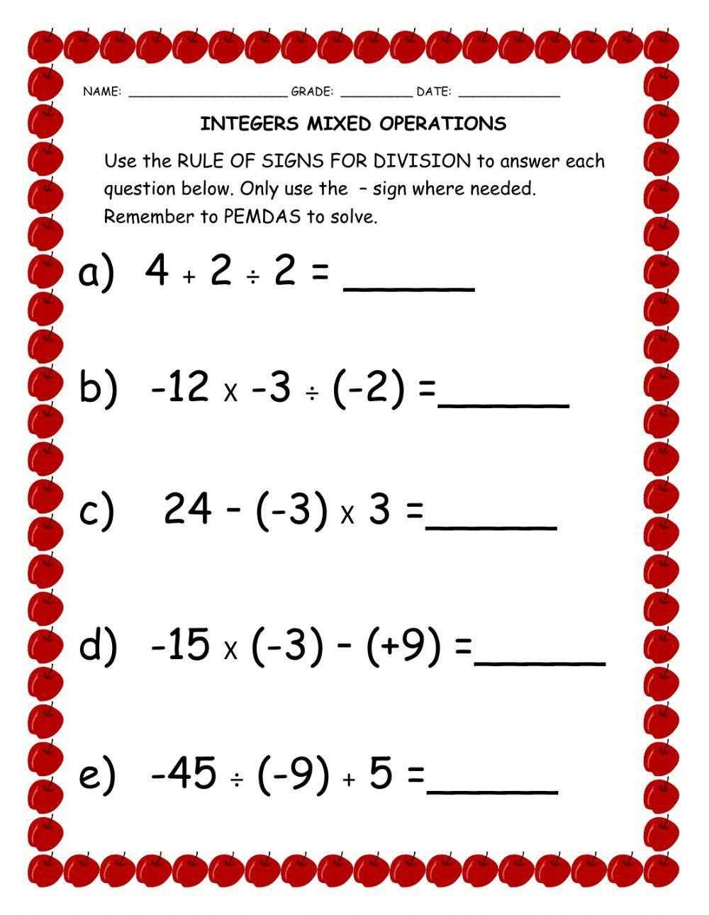 operations with integers worksheet