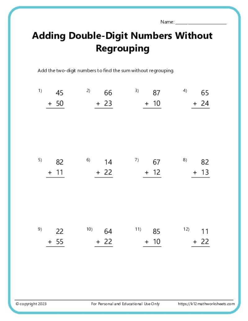 double digit addition worksheets without regrouping