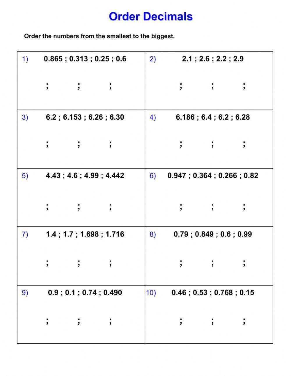 order decimals worksheet