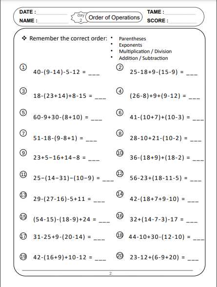 order of operations 7th grade worksheet