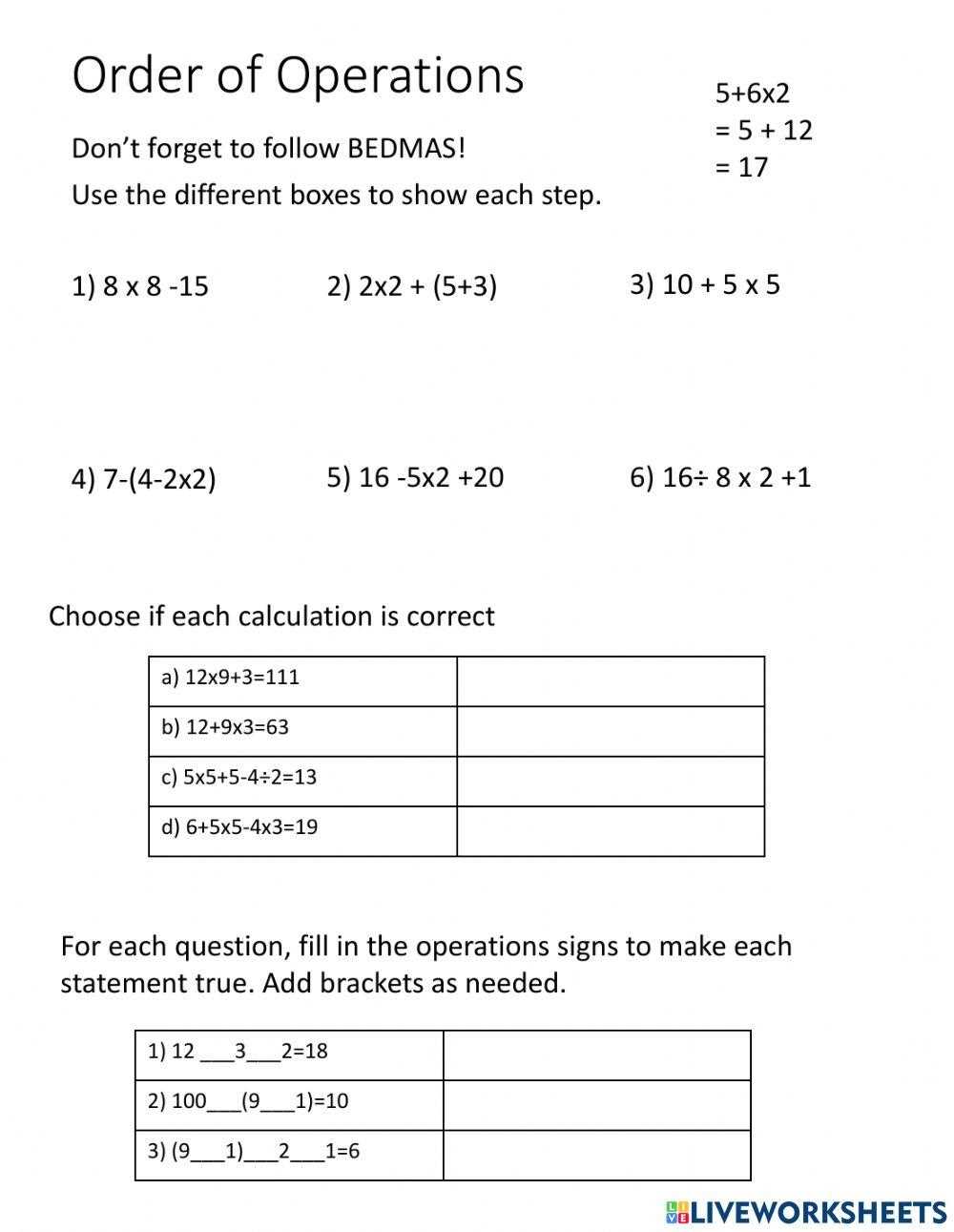 order of operations worksheet 6th grade