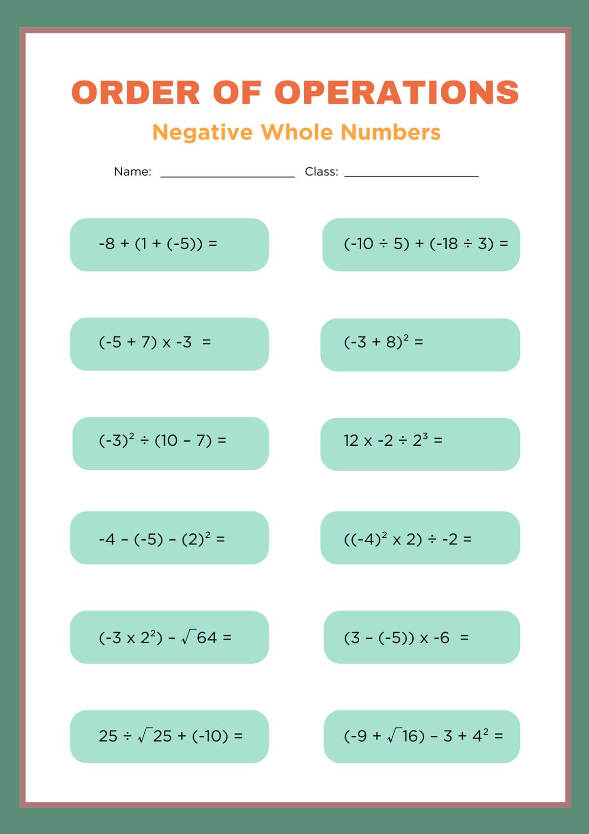 order of operations worksheet with integers
