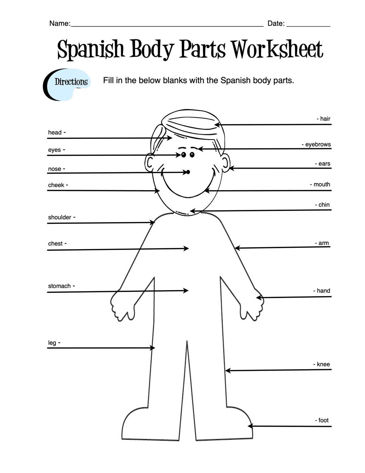 spanish worksheets body parts