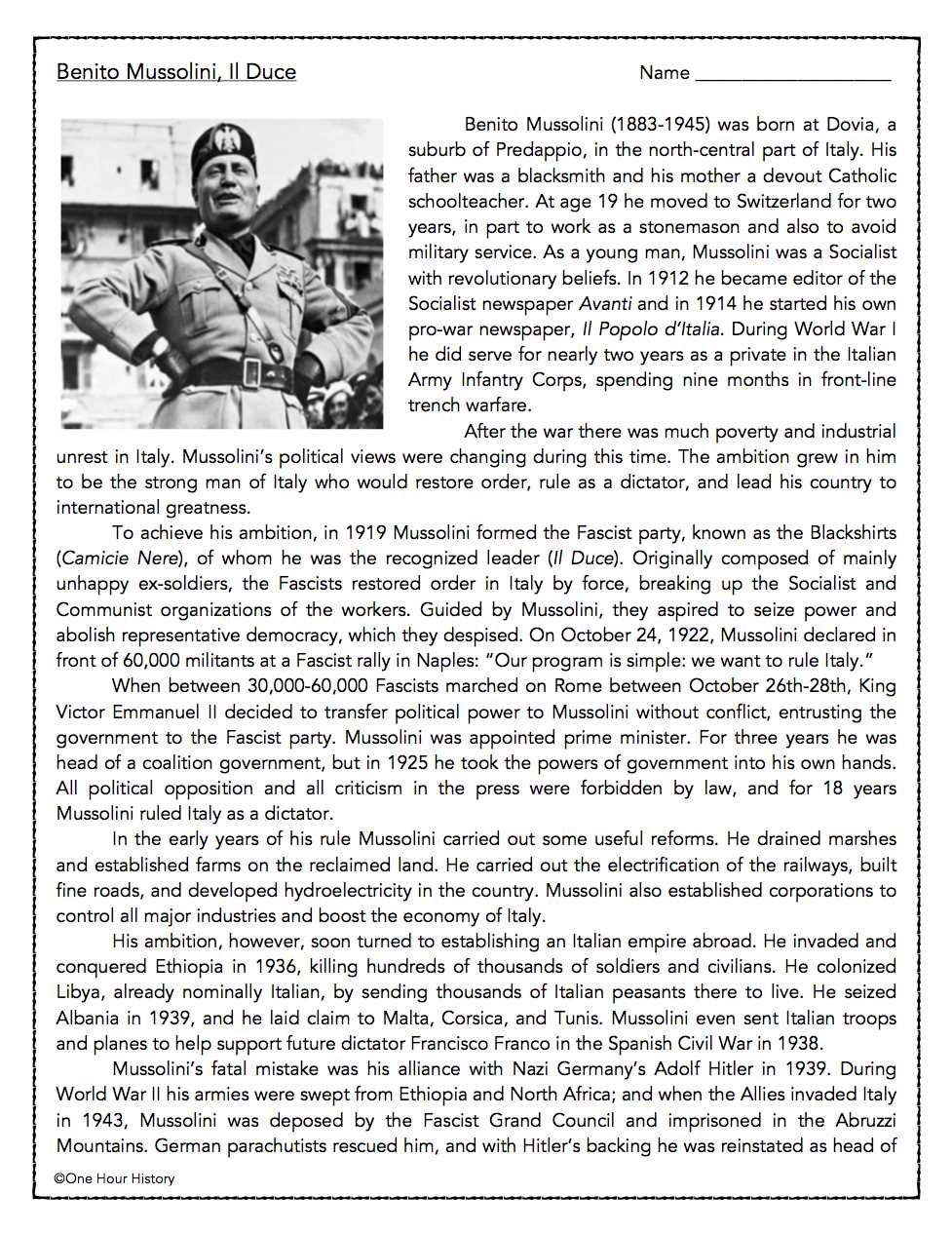 benito mussolini worksheet