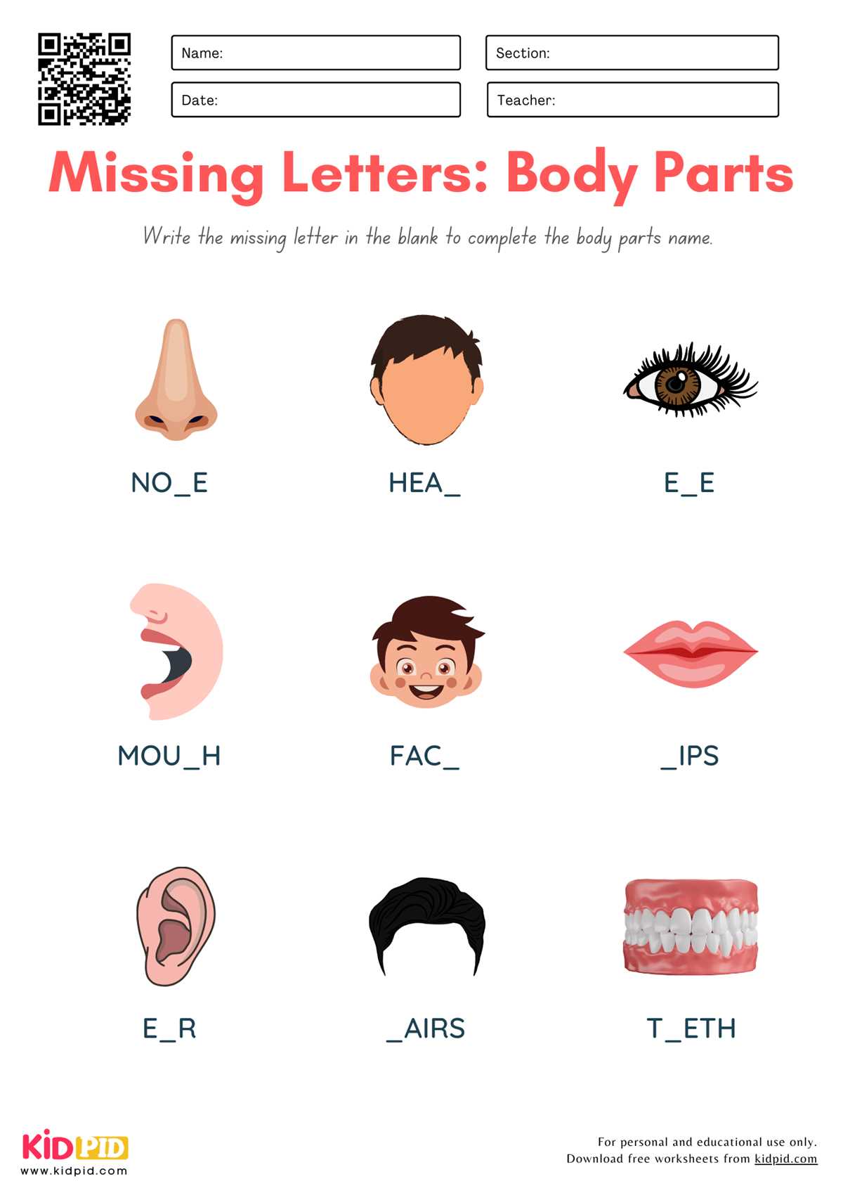 draw the missing body parts worksheets for kindergarten